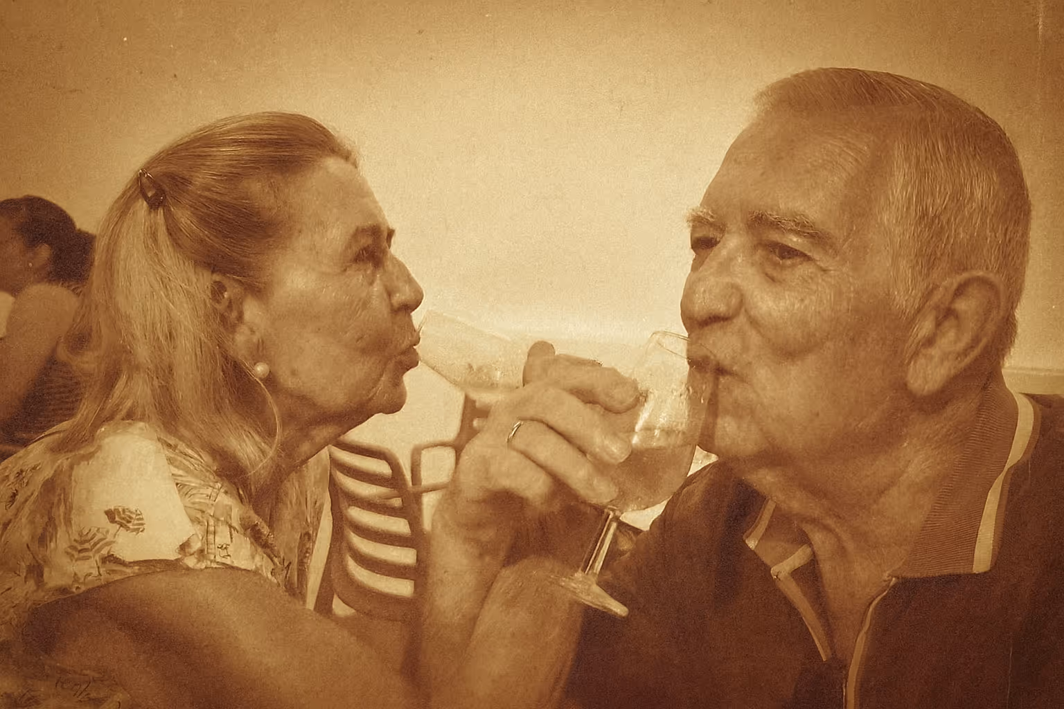 Pareja mayor brindando con copas de vino.